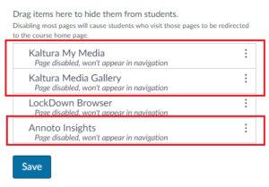 Screenshot of Canvas Settings with Annoto Insights, Kaltura My Media, and Kaltura Media Gallery highlighted