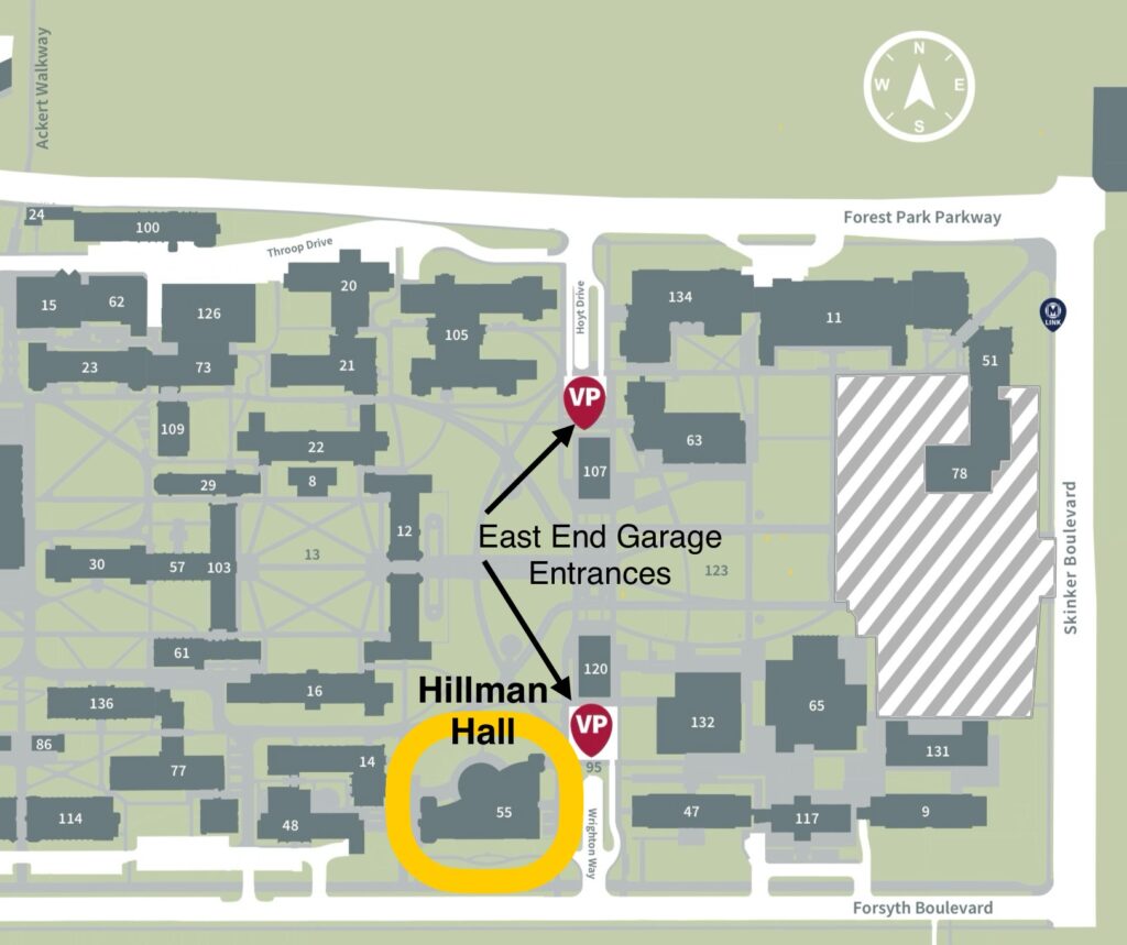 Map of Hillman Hall and nearby parking