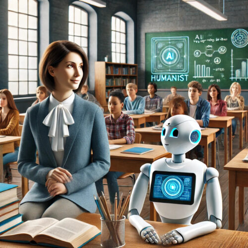 AI generated image of a woman professor in a classroom next to a robot with students in the background. "Humanist" is written on the chalkboard.