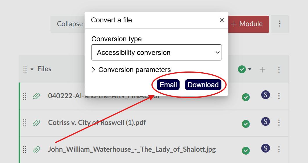 screenshot of email and download option buttons