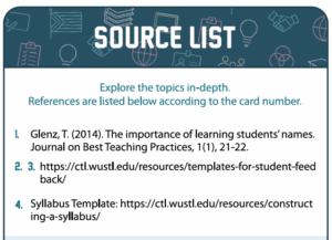 A screenshot of the beginning of the sources list for the inclusive teaching cards