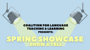 Two movie-set spotlights highlighting a text saying "Spring Showcase Show & Tell"