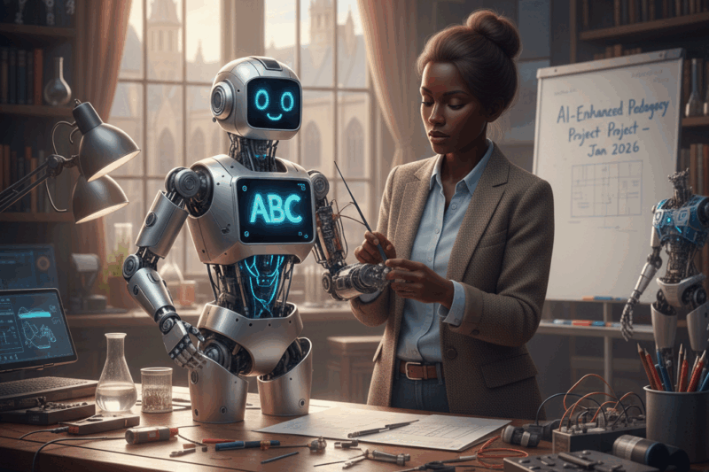 An image of a University professor building a robot.