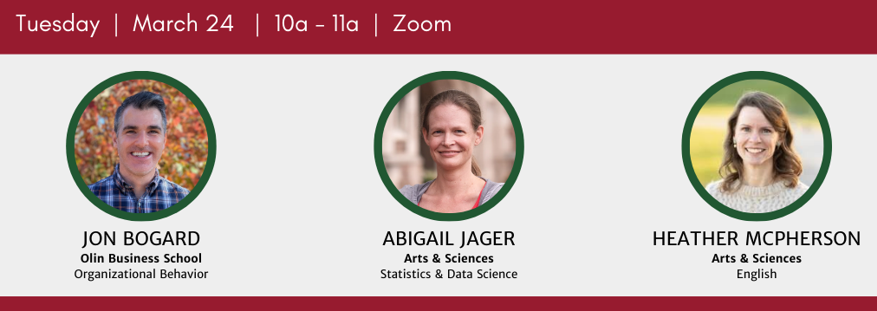 Photos of the three panelists for Tuesday, March 23rd.