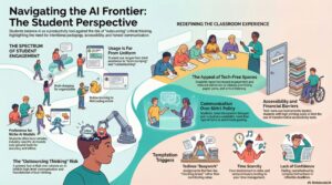This infographic, titled "Navigating the AI Frontier: The Student Perspective," illustrates how students balance AI as a productivity tool against the risk of "outsourcing" critical thinking. It emphasizes the need for intentional pedagogy, accessibility, and honest communication. The graphic is organized into several key sections: The Spectrum of Student Engagement This section illustrates that student AI usage is not uniform, ranging from total avoidance to specific methods: Brain dumping for organization: Using AI to structure initial thoughts. Rubberducking: Using AI to help find coding errors. Preference for Niche AI Models: Students often favor smaller, industry-specific models over general tools for better accuracy and ethics. The "Outsourcing Thinking" Risk: A primary fear is that over-reliance on AI inhibits high-level communication and foundational critical thinking, illustrated by a robotic arm placing a "Critical Thinking" gear into a student's head. Redefining the Classroom Experience This section focuses on the physical and social environment of learning: The Appeal of Tech-Free Spaces: Students report increased engagement in classes that prioritize paper, pens, and active listening. Communication Over Strict Policy: Students value transparent dialogue and mutual accountability over rigid AI bans or automated grading. Accessibility and Financial Barriers: Notes that "Tech-bans" can inadvertently burden students with high printing costs or limit the use of transformative accessibility tools. Temptation Triggers The bottom of the infographic identifies three reasons why students might over-rely on AI: Tedious "Busywork": Assignments that feel like "checking boxes" rather than adding value. Time Scarcity: Over-involvement in clubs and extracurriculars leading to poor time management. Lack of Confidence: Feeling overwhelmed by complex instructions or inflexible deadlines.